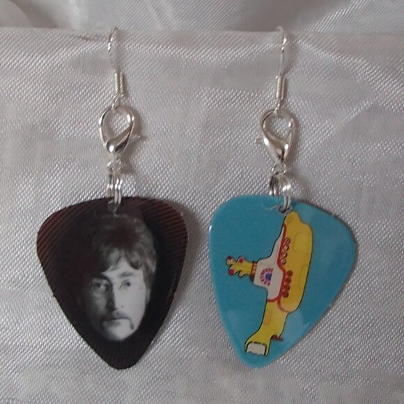 Beatles John Lennon Guitar Pick Zipper-Pull Handmade Earrings Yellow Submarine - Picture 2 of 9